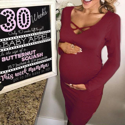 Solid Color V-Neck Maternity Dress