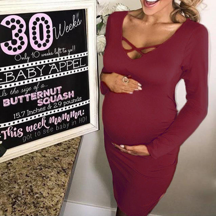 Solid Color V-Neck Maternity Dress